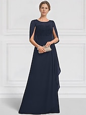 economico Lunghezza del pavimento-Abito per la Madre della Sposa A-Line Blu Verde Elegante Collo a Giro Lunghezza Piena Chiffon Maniche Corte Giacca con Ricamo in Pizzo