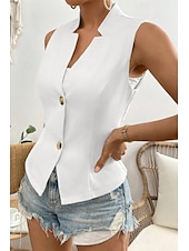 billige Enkel tank topp-Dame linskjorte Bluse Bomull lin vest عادي Fritid Ermeløs V-hals Vanlige topper Daglig Ut på byen Knapper Svart Hvit Champagne Sommer