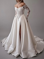 abordables Vestidos de novia-Vestidos de Boda Bustier Caída Vestido de Gala Sin Mangas Con Mangas Desmontables Falda Capilla Satinado Novias Con Aplicación de Encaje Floral