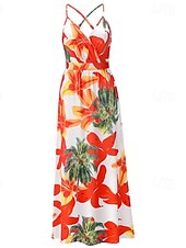 preiswerte Druck Blumen Kleider-Damen Midikleid Sommerkleid Unterkleid Boho-Kleid Mode Modern Täglich Strand Wochenende Normale Passform Blumen Ärmellos V Ausschnitt wasserblau Schwarz Rosa Orange Sommer