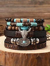 abordables Bijoux pour hommes-Bracelet western en cuir pour homme avec perles et pierres turquoises, motif crâne de vache, style bohème pour un usage décontracté et en extérieur