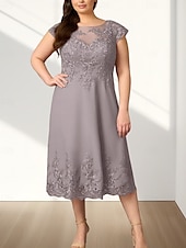 abordables Longueur du thé-Robe Mère de la Mariée A-Line Invité de Mariage Élégante Col Ronde Mi-Longue en Chiffon À Manches Courtes avec Appliques Robe Midi 2025