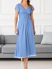 cheap Wedding Guest Dresses-A-Line Wedding Guest Dresses Elegant Dress Wedding Guest Engagement Tea Length Short Sleeve V Neck Chiffon with Pleats Ruched