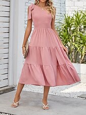 abordables Robes-Femmes Robe Midi Robe Blanche Robe en coton et lin Mode Moderne Extérieur Vacances Anniversaire Coupe régulière Uni Sans manches Une Épaule Rose Claire Noir Blanche Vert Véronèse Été