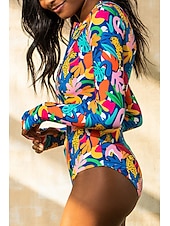 billiga One-piece-baddräkter-Dam Badkläder En bit Baddräkt Dragkedja Tropisk Standkläder Blomma Rund hals Ärmlös Baddräkter
