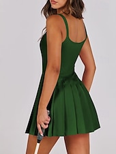 cheap Women&#039;s Tennis Dress-US Open Women&#039;s Tennis Dress with Shorts Sports Dress Sleeveless Pleated Breathable Tennis Golf Pickleball Square Neck Solid Colored Dress Black Blue Dark Green Tennis Clothing