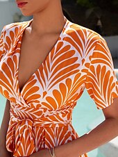 preiswerte Blumenkleider-Damen Midi-Kleid Maxikleid Orange Kurzarm Geometrisch Mit Gürtel Frühling &amp; Sommer V Ausschnitt Musterkleid S M L