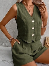 cheap Women&#039;s Blouse Suits-Women&#039;s Active Blouse Vest Shorts Sets Sleeveless V Neck Solid Color Dubbele Rij Knopen Holiday Casual Daily Black Wine Army Green Summer Regular Fit