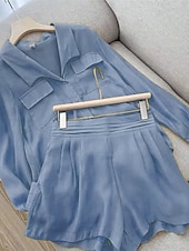 abordables Ensembles-Femmes Mode Streetwear Ensembles en coton et lin Ensembles deux pièces Ensembles de Shorts manche longue Col de chemise Uni Tenue quotidienne Date Bleu Violet Vert Été Coupe régulière