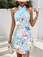preiswerte Blumenkleider-Damen Minikleid Sommerkleid A Linie Kleid Urlaub Lässig Outdoor Ausgehen Normale Passform Blumen Grafik Ärmellos Neckholder Rosa Blau Grün Sommer