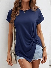 abordables T-shirt uni-T-shirt femme de couleur unie Uni Mode Classique Décontracté Manches courtes Col rond Hauts réguliers Quotidien Week-end Asymétrique Noir Blanc Vert armée Bleu marine Été