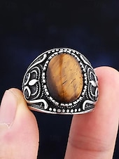 abordables Bijoux pour hommes-Bague vintage en acier inoxydable pour homme avec pierre œil de tigre, design tribal en argent antique, bague audacieuse, adaptée aux occasions décontractées et formelles