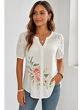 preiswerte Blusen-Damen Hemd Knopfleiste Blumen Stilvoll Modern Kurzarm V Ausschnitt Normale Oberteile Täglich Ferien Patchwork Knöpfe Druck Weiß Sommer