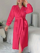 billiga Sovkläder-Dam Vardagsklädsel Morgonrock Varm Mode Ledigt Ren färg Spetsknuten Ficka Cardigan Hem Dagligen Säng Långärmad V-hals Rodnande Rosa Rosenröd Höst Vinter Skräddarsydd passform