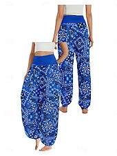 cheap Graphic Cotton Linen Pant-Women&#039;s Linen-Inspired Pants Wide Leg Pants Trousers Ethnic Style Casual Boho Full Length High Waist Floral Graphic Pocket Elastic Waist Printing Breathability Soft Micro-elastic Outdoor Yoga Blue