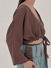 billige Skjorter-Dame Linskjorte Bluse عادي Fritid Langermet V-hals Crop Tops Daglig Ut på byen knyte foran Hvit Gul Brun Sommer