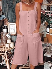 billige Vanlig linbukse i bomull-dame normale dungarees romper avslappet ensfarget ermeløs u-hals knapper lomme gate fest normal passform hvit rosa blå sommer