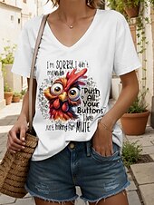 abordables T-shirt Humor &amp; Citations-Femmes Chemisier Graphique Coq Lettre ancien Élégant Classique Manche Courte Col en V Hauts Réguliers Quotidien Sortir Tenue de plage Imprimé Noir Blanche Été Printemps
