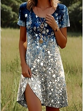 economico Abiti Boho-Per donna Mini Abito Vestito Estivo Vestito Casual Vestito T-Shirt Abito a trapezio Elegante Casual Spiaggia Vestibilità regolare Floreale Grafico Foglia Manica Corta Girocollo Scollo Tondo Blu Blu