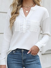preiswerte Damen Einfache Oberteile-Damen Bluse Einfarbig Stilvoll Lässig Langarm V Ausschnitt Normale Oberteile Täglich Knöpfe Tasche Schwarz Weiß Braun Aprikose Sommer Frühling