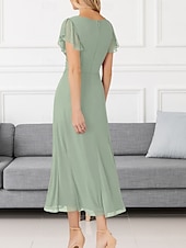 cheap Wedding Guest Dresses-A-Line Wedding Guest Dresses Elegant Dress Wedding Guest Engagement Tea Length Short Sleeve V Neck Chiffon with Pleats Ruched