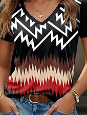billige Stripe og geometrisk t-skjorte-Dame T skjorte Grafisk Geometrisk Årgang Stilfull Klassisk Kortermet V-hals Vanlige topper Daglig Helg Trykt mønster Svart Sommer Vår