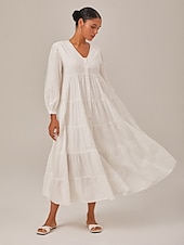 preiswerte Freizeitkleidung-Damen Lockeres Kleid Resort-Kleidung Weiß Langarm Solide / einfarbig Lang Frühling &amp; Herbst V Ausschnitt Strand Design Urlaub XS S M