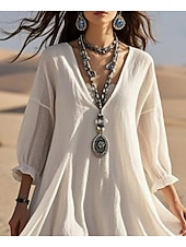 cheap Design Cotton &amp; Linen Dresses-Women&#039;s Maxi Dress A Line Dress Linen Casual Party Beach Regular Fit Solid Color Plain 3/4 Length Sleeve V Neck White Summer