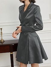abordables Longitud del té-Vestido de la Madre de la Novia A-Line Vestido Tuxedo Vestido de Invitada de Boda Elegante Simple Lujoso Blazer Cuello con Solapas Largo hasta la Rodilla Satén Manga Larga con Pliegues y Bolsillos