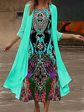 tanie Sukienka boho-Damskie Sukienka midi Letnie sukienki Codzienny Sukienki półformalne Codzienny Święto Randka Regularny Graficzny Plemienny Rękaw 3/4 Półgolf Rumiany róż Niebieski Pomarańczowy Zielony Lato Wiosna