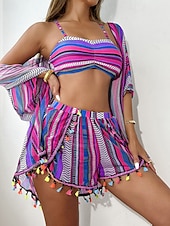 olcso Bikiniszettek-Női Fürdőruha Bikini Három darab Fürdőruha Fringe Hem Hawaii Strandruházat Csíkos U-alakú Rövid ujjú Fürdőruhák