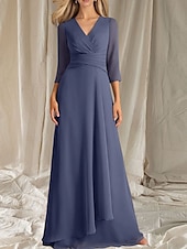cheap Floor Length-A-Line Mother of the Bride Dress Wedding Guest Elegant V Neck Floor Length Chiffon 3/4 Length Sleeve with Tier Ruching 2025