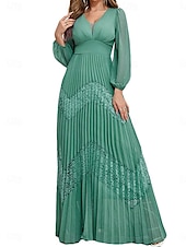 preiswerte Unter 129,99 $-Kleid Mutter der Braut Kleid Elegant V-Ausschnitt Bodenlang Chiffon Langarm in einfarbig