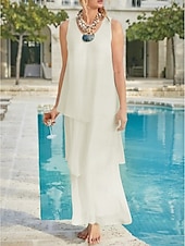 economico Lunghezza del pavimento-Matrimonio in Spiaggia Abito Madre della Sposa Linea A Ospite di Matrimonio Elegante Semplice Collo a V Lunghezza Caviglia Chiffon Senza Maniche con Strati Colore Solido 2025 misura personalizzata