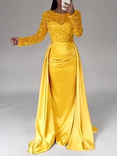cheap CHAMPAGNE-Mermaid Sequin Evening Gown Ruched Champagne Satin Dress Long Sleeves Masquerade Floor Length Illusion Neck with Pearls Overskirt dress 2025