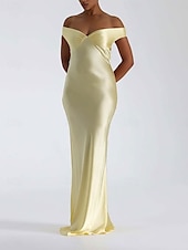 cheap Prom Dresses-Yellow Dress Mermaid / Trumpet Party Dresses Elegant Dress Wedding Wedding Guest Floor Length Sleeveless Off Shoulder Backless with Ruched 2025