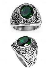 cheap Men&#039;s Jewelry-Men&#039;s Vintage Army Ring with Emerald Green Gemstone – Antique Silver Military Style Statement Ring for Veterans and Collectors