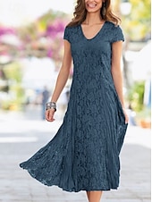 voordelige Thee Lengte-Strandbruiloft Sheath Moeder van de Bruid Jurk Bruiloft Gast Elegant Party Petite V-hals Thee Lengte Kant Korte Mouw met Plissee Effen Kleur gratis maatwerk