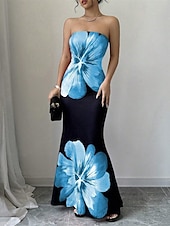 cheap Elegant Floral Dresses-Women&#039;s Long Dress Maxi Dress Prom Dress Bodycon Summer Dress Elegant Fashion Party Holiday Date Regular Fit Flower Sleeveless Strapless Red Blue Summer Spring