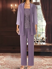 preiswerte Unter 129,99 $-Hosenanzug Brautmutterkleid Hochzeitsgast Elegant Einfach Juwelenhals Bodenlang Polyester Langarm mit Einfarbig 2025