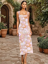 baratos Vestidos de Cocktail-Vestidos de Coquetel  Coluna Vestido Floral de Renda em Malha Semi Formal Casamento Comprimento Midi Sem Mangas Gola Quadrada Renda com Aplicações