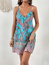 abordables Robes Boho-Femmes Mini Robe Robe trapèze Robe Nuisette Vacances Occasionnel Boho Sortir Plage Coupe Standard Graphique Tribal Sans manches Col en U Bleu Été Printemps