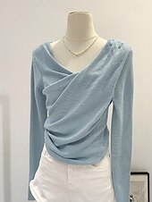 ieftine tricou simplu-Pentru femei Bluză Simplu Modern Manșon Lung În V Topuri obișnuite Concediu Ieșire Zdrobit Negru Roz Îmbujorat Albastru piscină Caisă Vară