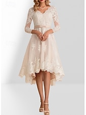 economico Abiti da sposa-Abiti Piccole Spose Bianchi Abiti da Matrimonio A-Line Collo a V Manica 3/4 Asimmetrico Satin Abiti Sposa con Sash  Nastro Pieghe