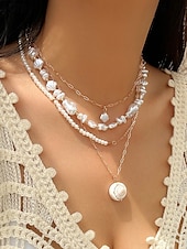 cheap Women&#039;s Necklace-Women&#039;s Boho Layered Shell and Bead Necklace Set – Beach-Style Turquoise Pendant and Gold Charms for Summer Vacations and Festivals
