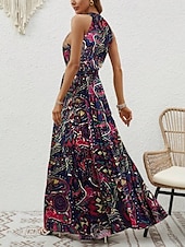 billiga Boho klänningar-Dam Maxiklänning A linjeklänning Off Shoulder Klänning Semester Ledigt Boho Utomhus Utekväll Normal Grafisk Paisley Ärmlös Halterneck Blå Purpur Brun Aprikos Sommar