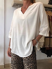 economico Top Semplici da Donna-camicetta da donna in cotone e lino, tinta unita, elegante, casual, manica a 3/4, scollo a V, top normali, per tutti i giorni, per le vacanze, nera, bianca, beige, estate, primavera
