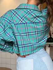 billige Kvinnenes ferietopper-Dame Skjorte Bluse Ruter Moderne Fritid Langermet Skjortekrage Vanlige topper Daglig Ferie Ut på byen Knapper Lomme Blå Sommer