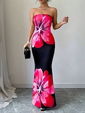 cheap Elegant Floral Dresses-Women&#039;s Long Dress Maxi Dress Prom Dress Bodycon Summer Dress Elegant Fashion Party Holiday Date Regular Fit Flower Sleeveless Strapless Red Blue Summer Spring