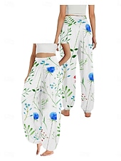 economico Pantaloni-Per donna Pantaloni ispirati al lino Gamba larga Pantaloni Stile Etnico Casual Boho Lunghezza intera Vita Alta Floreale Foglia Tropicale Tasca Elastico in vita Stampa Traspirabilità Morbido